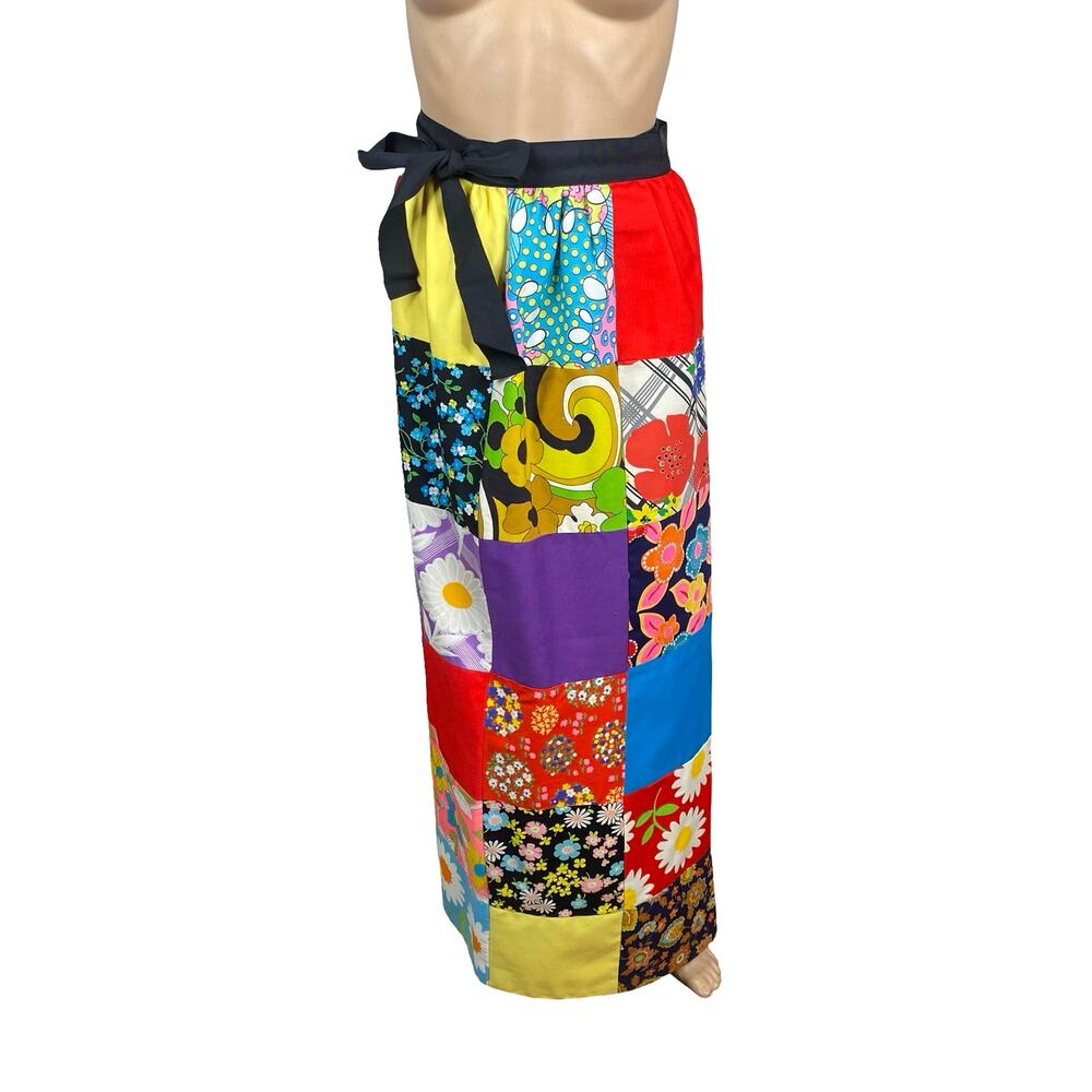 Vtg 70s Patchwork Maxi Skirt XS S Hippie Boho Mixed Print Handmade Wrap Long